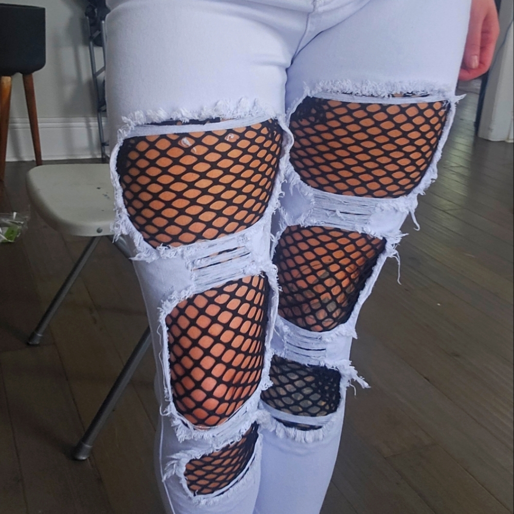 High Rise White Jeans with Black Lace